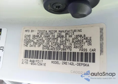 2013 Toyota Corolla S from USA, damaged, VIN 5YFBU4EE3DP208779